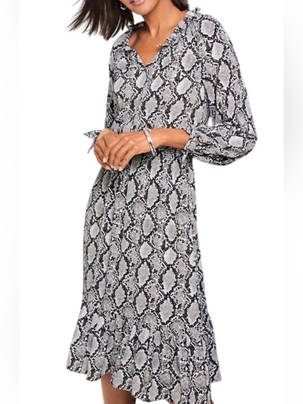Talbots Snakeskin Print Ruffle Dress XS Tie Sleeve Fit & Flare Cottage Country
